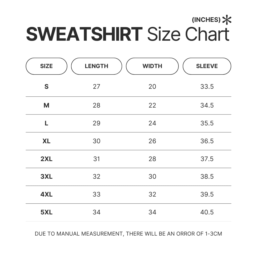 Sweatshirt Size Chart - JoJo's Bizarre Adventure UK Store